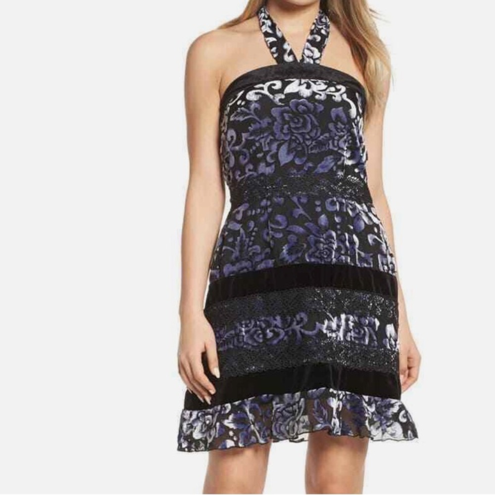 NWT ANTHRO FOXIEDOX black and purple velvet embossed Halter Dress size large